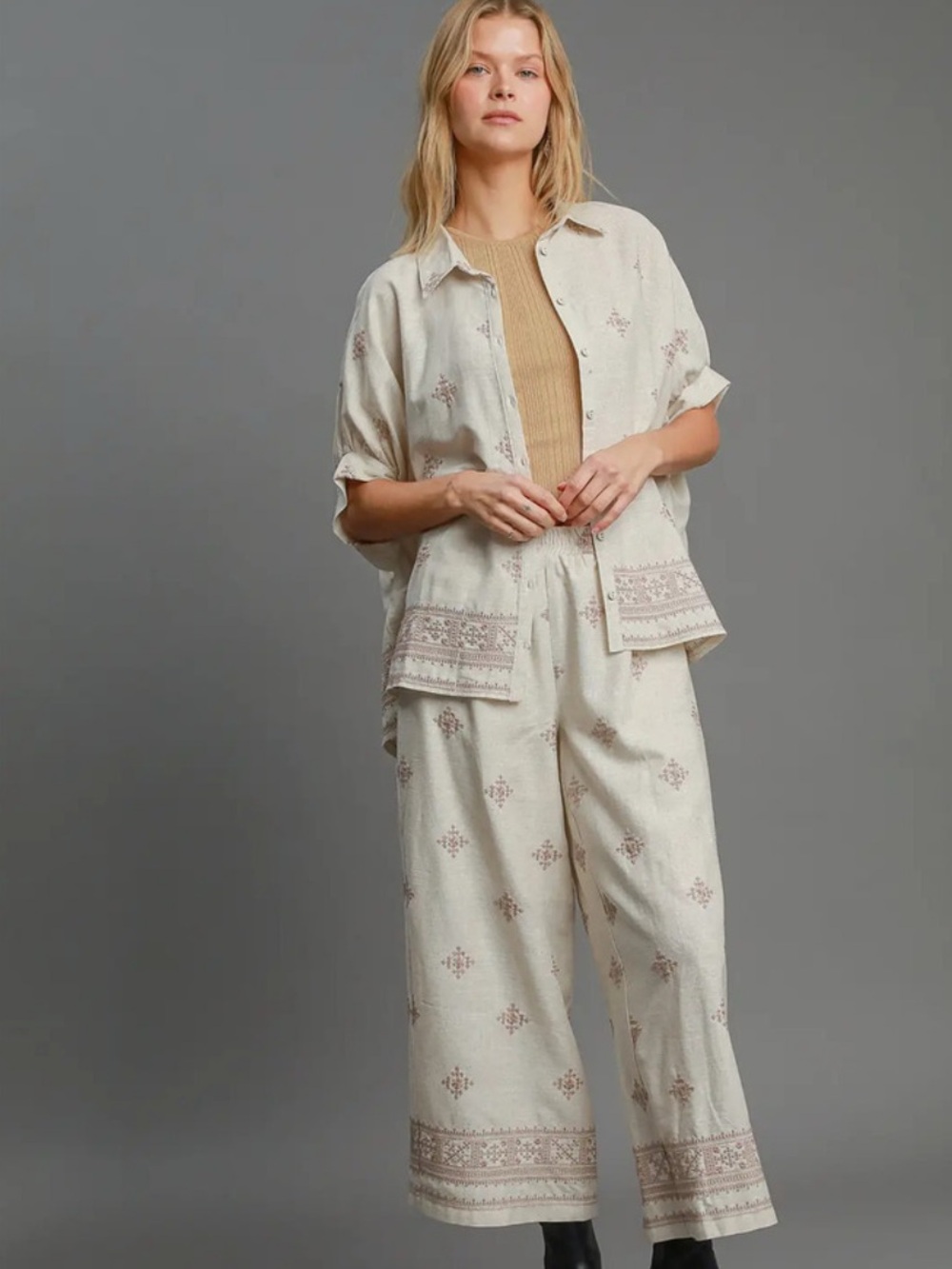 K9328-TP OM Umgee Aztec Embroidered Wide Leg Pants & Button Down Top Var Sizes
